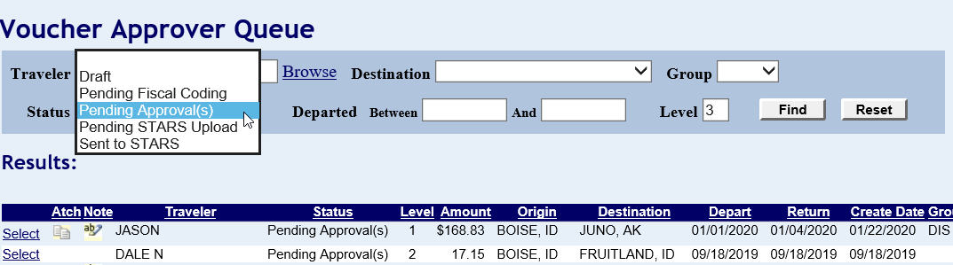 an example of the status drop down menu