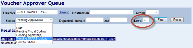 the status drop down menu shown and the level field highlighted