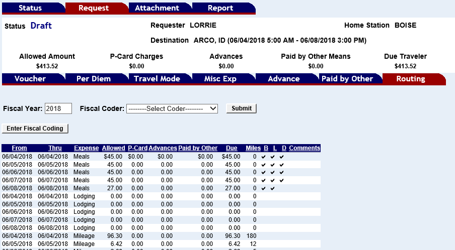 the routing tab with several voucher expenses shown