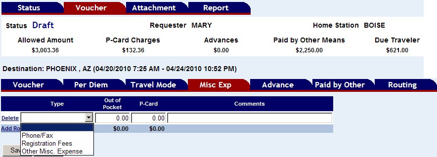 the Miscellaneous expenses drop down menu options