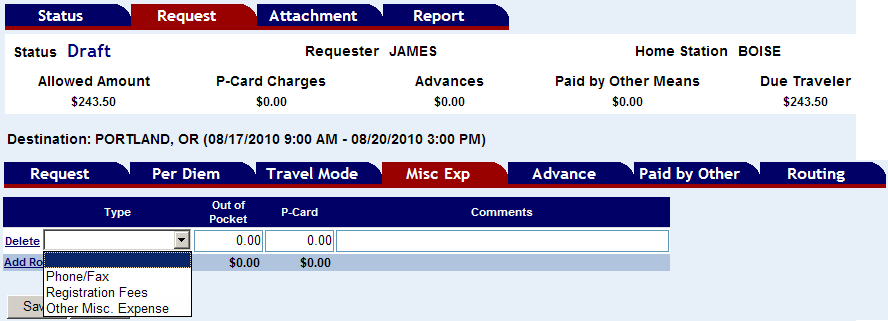 the miscellaneous expenses drop down menu options