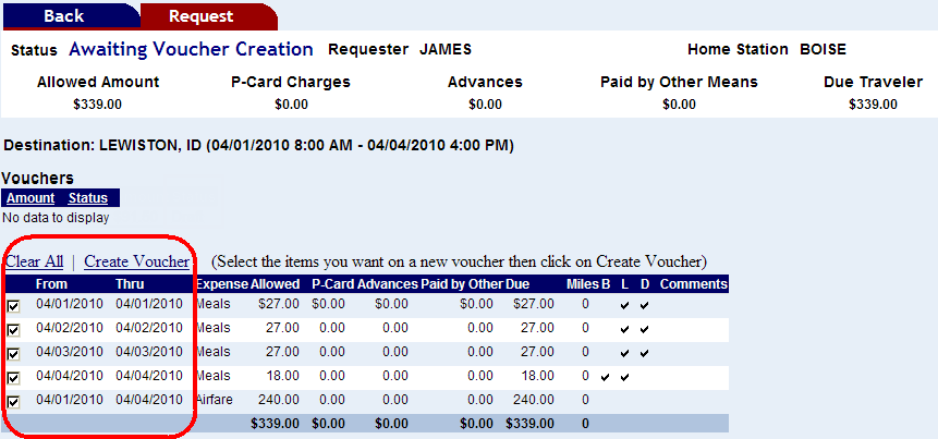 the check boxes highlighted next to a list request items