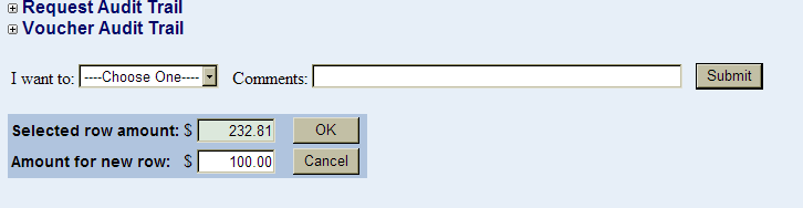 the selected row amount and amount for new row fields shown