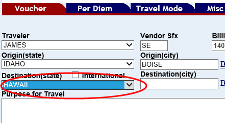 the destinitation state field with Hawaii highlighted