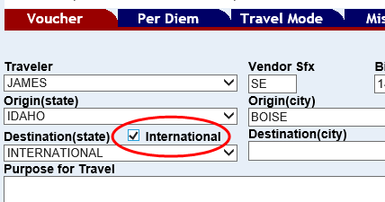 the International check box highlighted
