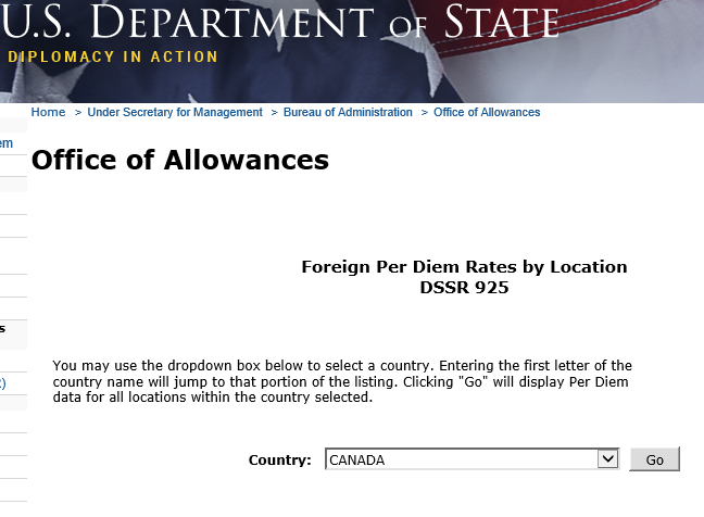 the foreign per diem page of the department of state web site
