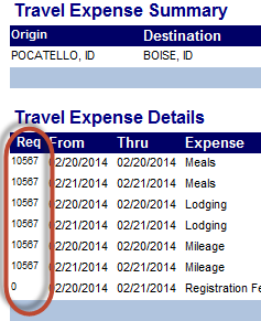 travel request numbers highlighted on the Report tab screen