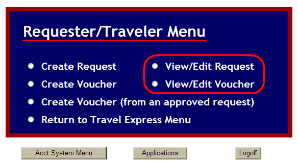 view edit request and view edit voucher menu options