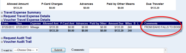 the comments field highlighted on the voucher travel expense details