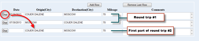 the dup button highlighted and a duplicate row shown