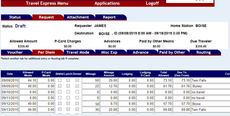 several rows of travel expenses shown on the per diem screen