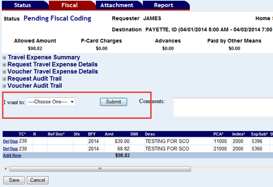 the fiscal coding screen with a route to approver drop down menu highlighted