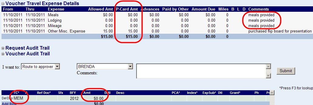 P card amounts, comments, and the MEM transaction code highlighted