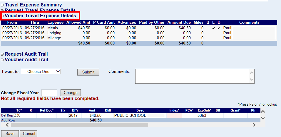 the voucher travel expense details link highlighted