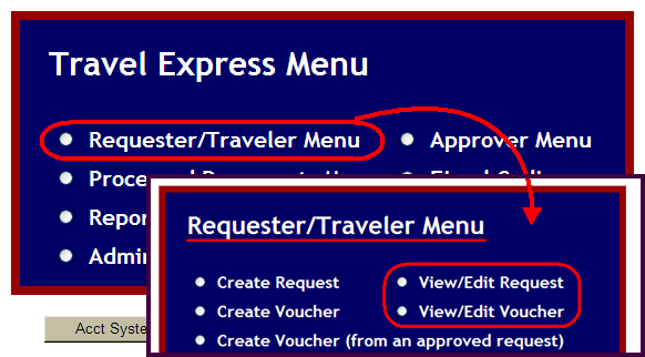 the view edit request and view edit voucher menu options