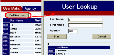 the find new user button highlighted and the vendor lookup window shown