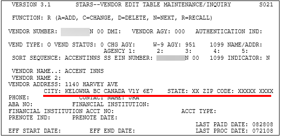 a Canadian address highlighted on teh STARS vendor edit table