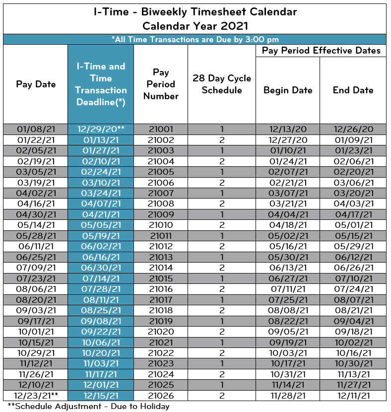 Biweekly Calendars 2021